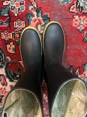 GOGO Black Rain Boots with Green Patterned Lining